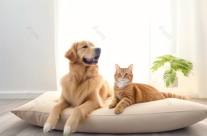 可爱猫和狗靠在枕头上趴在木地板上,高清,摄影图,摄影图片,图片大全,摄影图免费下载